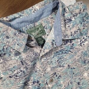 Woolrich Mens XL Short‎ Sleeve Button Down Shirt Blue Grey Landscape Print